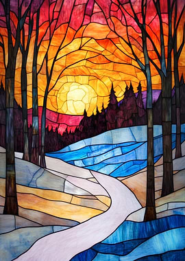 Stained Glass Sunset Landscape