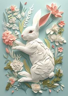 Papercut Rabbit in Flowers