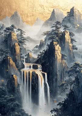 Golden Waterfall Landscape