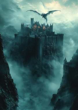 Dragon Soaring Over Castle