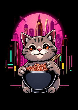 Cat Eating Ramen in Neon City