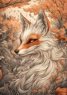 Kitsune Fox in Autumn Forest