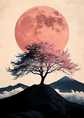 Pink Moon & Cherry Blossom Tree