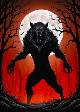 Black Werewolf Under Full Moon