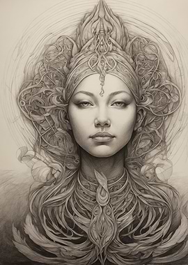 Pencil Drawing of a Woman with Intricate Headpiece