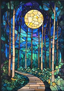 Stained Glass Moonlit Forest