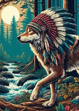 Native Wolf in Headdress