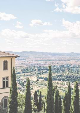 Florence, Italy I Tuscany countryside skyline view, architecture and cypress to live la dolce vita with pastel summer colors and the retro vintage aesthetic of a green nature landscape from Fiesole