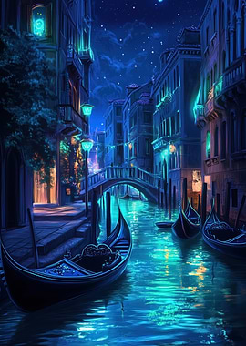 Nighttime Neon Canal Scene in Venice, Italy