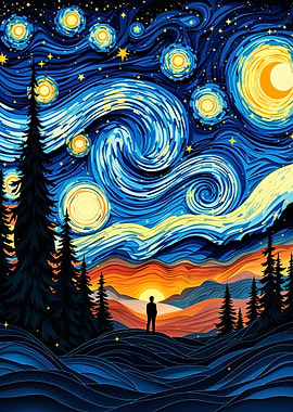Starry Night Paper Art Solitary Figure Under the Sky