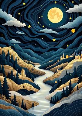 Nighttime River Valley Paper cut Abstract Art