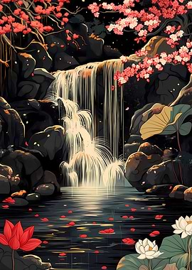 Waterfall Serenity Cherry Blossoms Lotus Japanese