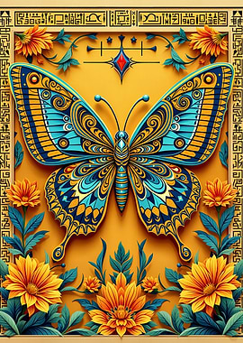 Blue Butterfly Ornate Paper Cut Floral Artwork