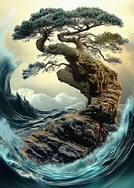 Bonsai Tree on a Cliff tranquil scenery