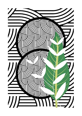 Black and White Abstract Art with Green Leaf