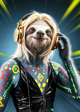 Sloth Techno DJ with gold Headphones - cyber sloth music lover