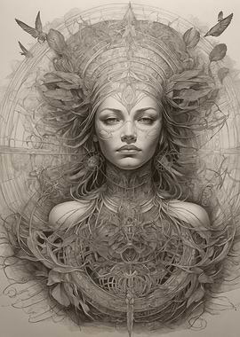 Pencil Drawing of a Woman with Intricate Design