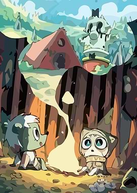 Two Cartoon Animals by a Fire