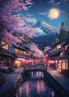 Japanese Night Scene with Cherry Blossoms