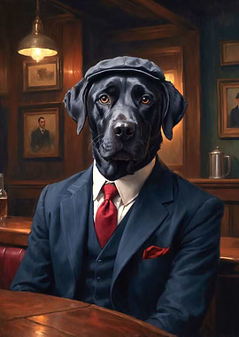 Black Labrador Dog Wearing a Suit at the Pub