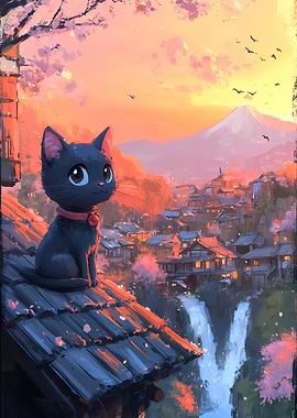 Cat on Rooftop with Mountain View
