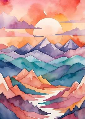Watercolor Mountain Sunset