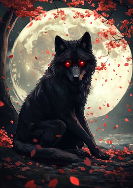 Black Wolf Under Full Moon