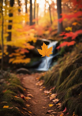 Autumn Leaf and Waterfall