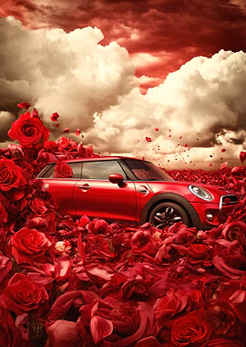 Red Mini Cooper in Rose Field