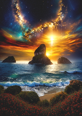 Sunset Seascape with Galaxy