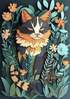 Papercraft Cat in Flowers