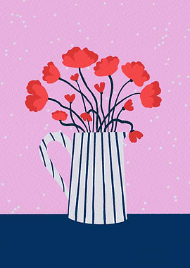 Red Flowers in Striped Pitcher