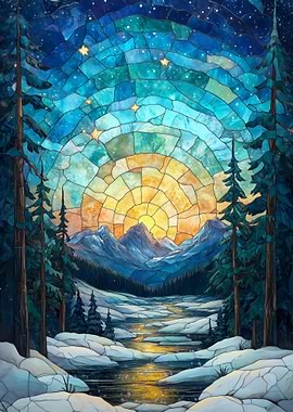 Stained Glass Mountain Sunset