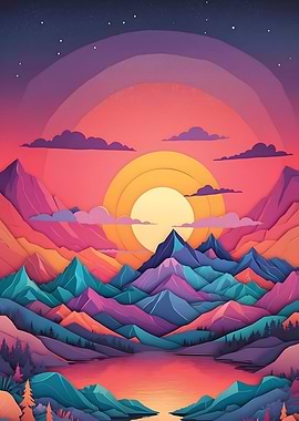 Boho Sunset Mountains Landscape