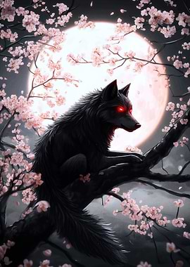 Black Wolf Under Full Moon