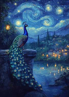 Peacock Under Starry Night