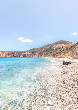 Milos, Greece I Dreamy desert beach paradise in the mountains with red aesthetic and turquoise water for the wild boho nature summer landscape typical of Cyclades islands like Santorini and Mykonos
