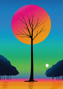 Vivid Tree Beneath a Cosmic Rainbow Sky