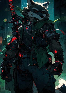 Cyberpunk Raccoon Samurai
