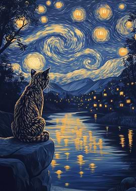 Cat Under Starry Night