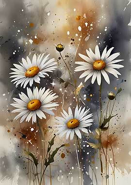 Whimsical Daisies: Ethereal Watercolor Art with Cosmic Splatter Details