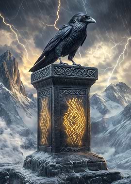 Viking Raven on Stone Pillar