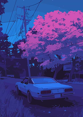 Blue Car Under Pink Tree