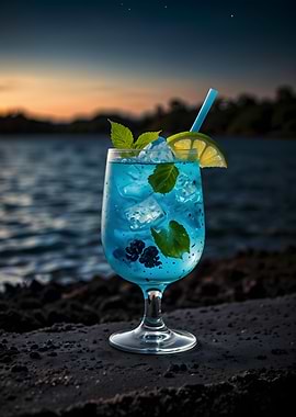 Blue Lagoon Cocktail at Sunset