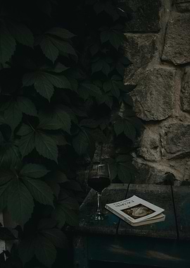Moody wine and book scene