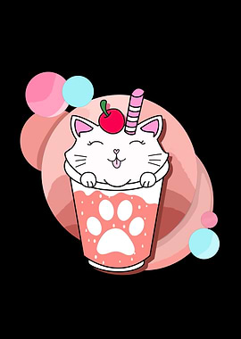 Cute Cat in a Drink tea, Neko cute cat in a cup, boba tea bubble anime kawaii Cat