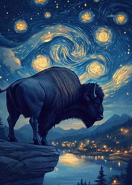 Bison Under Starry Night