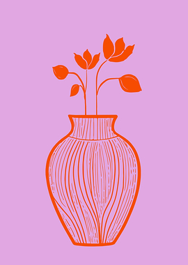 Modern Vase with Botanical Line Art in Orange and Purple