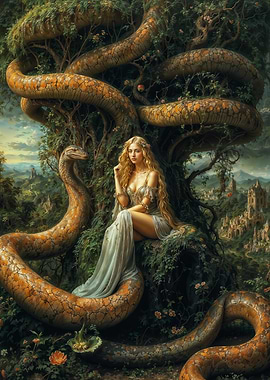 Eve and Serpent in Eden Garden Allegory