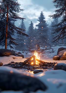 Campfire in Snowy Forest